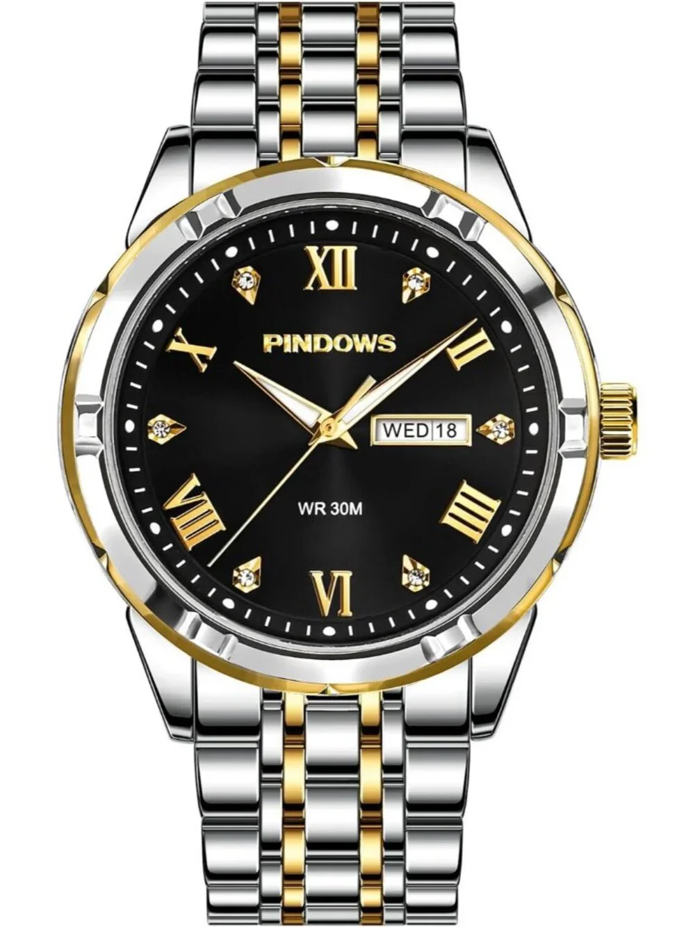 Men's Two Tone Black Classic Quartz Watch Stainless Steel Diamond Dial Watch